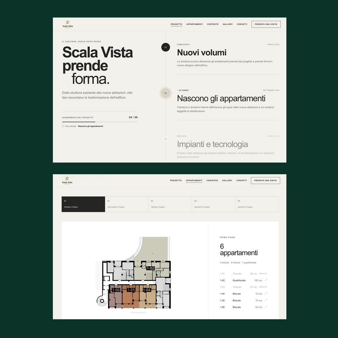 Scala Vista: pagine del sito e sezione appartamenti